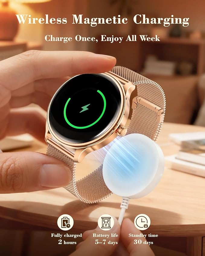 WalkerFit Smart Watch for Women 2025, 1.43" AMOLED, Bluetooth Call, Wireless Magnetic Charging, Female Health Tracker, 120+ Sport Modes, IP68 Waterproof Fitness Smartwatch for Android iOS (Pink)
