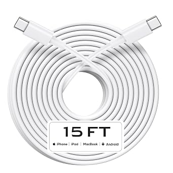 USB C to USB C Cable 15FT, 60W Fast Charging Extra Long USBC to USBC Charger Cord for iPhone 17/17 Pro/17 Pro Max/Air/16/16 Plus/16 Pro/16 Pro Max, iPhone 15 Series, Galaxy S25 S24 S23, White