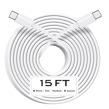 USB C to USB C Cable 15FT, 60W Fast Charging Extra Long USBC to USBC Charger Cord for iPhone 17/17 Pro/17 Pro Max/Air/16/16 Plus/16 Pro/16 Pro Max, iPhone 15 Series, Galaxy S25 S24 S23, White
