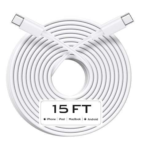 USB C to USB C Cable 15FT, 60W Fast Charging Extra Long USBC to USBC Charger Cord for iPhone 17/17 Pro/17 Pro Max/Air/16/16 Plus/16 Pro/16 Pro Max, iPhone 15 Series, Galaxy S25 S24 S23, White
