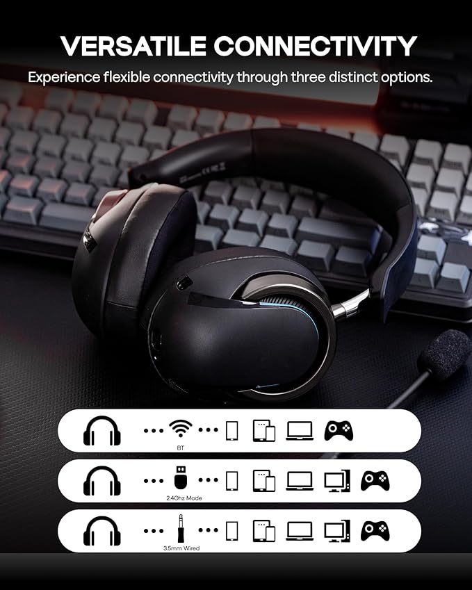 MechLands AULA A700 Wireless Gaming Headset with 7.1 Surround Sound, 50mm Driver, 2.4GHz/BT/Wired, Gaming Headphone with Noise Canceling Mic, RGB Light, 40H Battery, for PS4/PS5/PC/Switch (Black Grey)