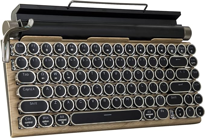 Adventurers Typewriter-Style Retro Mechanical Keyboard LED Backlight 83 Keys Bluetooth 5.0 Blue Axis Wood Color Panel Compatible with iOS/Android/Windows/Vista/Linux/Mac Office/Gaming, 12.8x6.6x1.6in