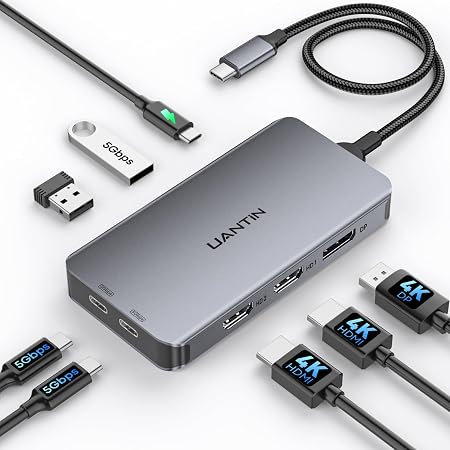 UANTIN Laptop Docking Station 3 Monitors, 8-in-1 USB C Dock with 2 HDMI, DP