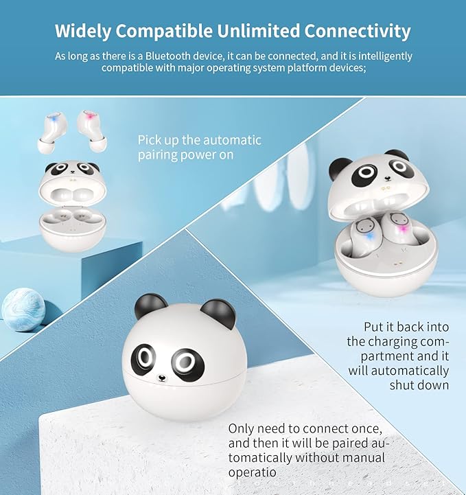 Kids Wireless Earbuds, Bluetooth 5.0 with Microphone Noise Reduction and Panda Charging Case,Cute Headphone 36H Playtime IPX5 Waterproof Touch Control,HiFi Stereo Earphone for tv/pad/Phone.