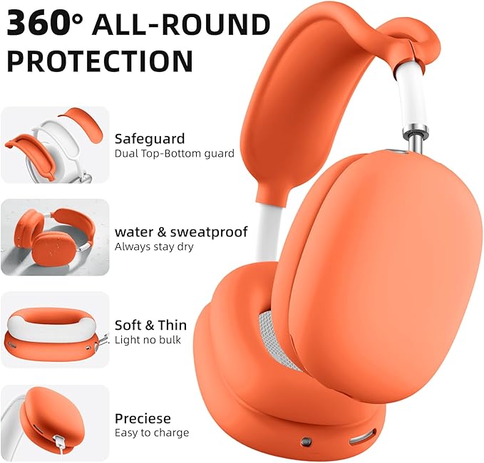 Lerobo for AirPods Max Case Cover, Anti-Scratch Ear Pad Case Cover/Anti-Sweat Soft Ear Cups Cover/Headband Cover for AirPod Pro Max 2024/2020 Headphones, Skin Silicone Protector Accessories, Orange