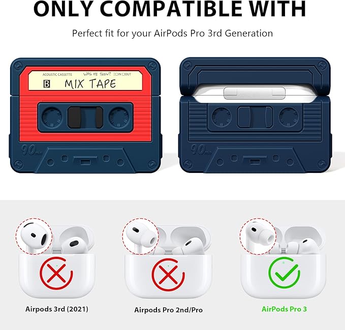 AirPods Pro 3 Case Cover, KOREDA Funny Cassette Tape Design Case for Airpods Pro 3rd Generation 2025, Cute Cartoon Fashion Silicone Protective Case for Women Men (Blue)