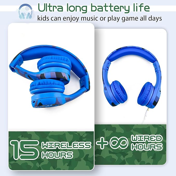 Toddler Headphones Wireless,Kids camo Bluetooth Headphones, 5 Button Easy Use, 93db Foldable with Built-in Mic for Cell Phones TV Tablet Network Boys Girls (bs690 Blue Camo)