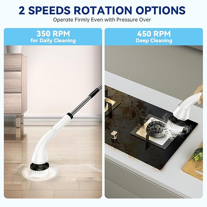 Electric Spin Scrubber,Cordless Bathroom Cleaning Brush with Replaceable Heads & Adjustable Extension Long Handle,Dual Speeds Power Shower Scrubber for Tile,Bathtub,Floor,Kitchen (White)