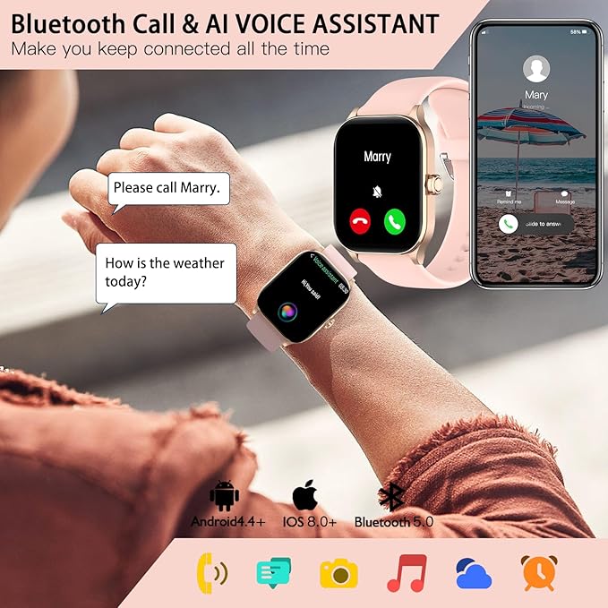 Smart Watch for Women Men(Answer/Make Call), Smartwatches with Heart Rate/SpO2/Sleep/Stress Monitor, IP68 Waterproof Activity Tracker for Android iPhone, 100+ Sports Fitness Watches (Pink, 1.85")