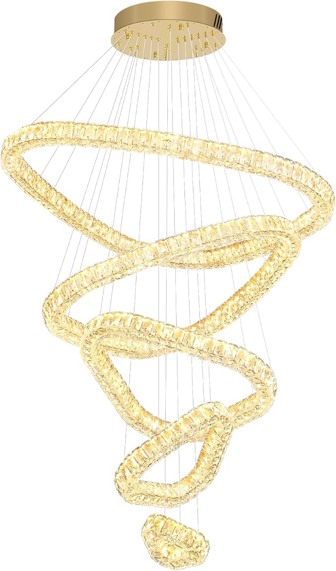 Flashing God H118 Modern Large Chandelier for Foyer 5 Rings Crystal Chandelier Stairway Chandeliers LED Dimmable Crystal Pendant Light for Living Room Entrance Hallway Gold