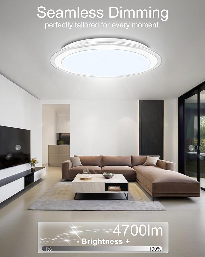WF-Version LED Ceiling Light with Speaker 50W 17Inch Control via app/Voice/Remote Adjustable Brightness & Color Temperature Ceiling Lamp RGB Ambient Lighting for Bedroom Kids Room and More