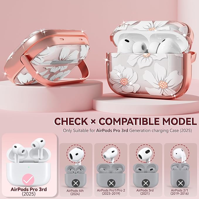 Inesore for AirPods Pro 3 Case 2025 with Lock, for Women Girly Floral Clear Case Compatible with Apple Airpods Pro 3rd Generation Cover, with Phone Stand,Keychain & Cleaner Kit -White Lily
