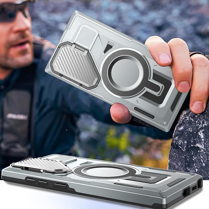 Camera Stand Case for Galaxy S25 Ultra, [Compatible with Mag Safe][Lens Cover] 2024 Version Military Grade Protective Soft Case for Samsung Galaxy S25 Ultra 6.86" Men Women, Grey
