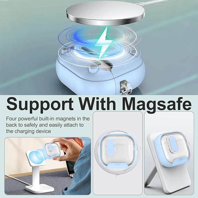 for Airpods 4 Case Clear,Secure Lock for Airpods 4th Generation Case Cover with Phone Stand and Magsafe Function,Auto Pop-up,Hybrid Protection Design with Carabiner&Cleaning Pen-Blue