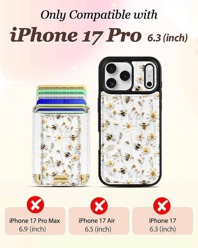 Shorogyt for iPhone 17 Pro Case Wallet - Fits 5 Cards, Compatible with Magsafe Detachable Magnetic Credit Card Holder Leather Cardholder Cute Phone Cover Women Girls for Apple 17Pro, Bee Flower