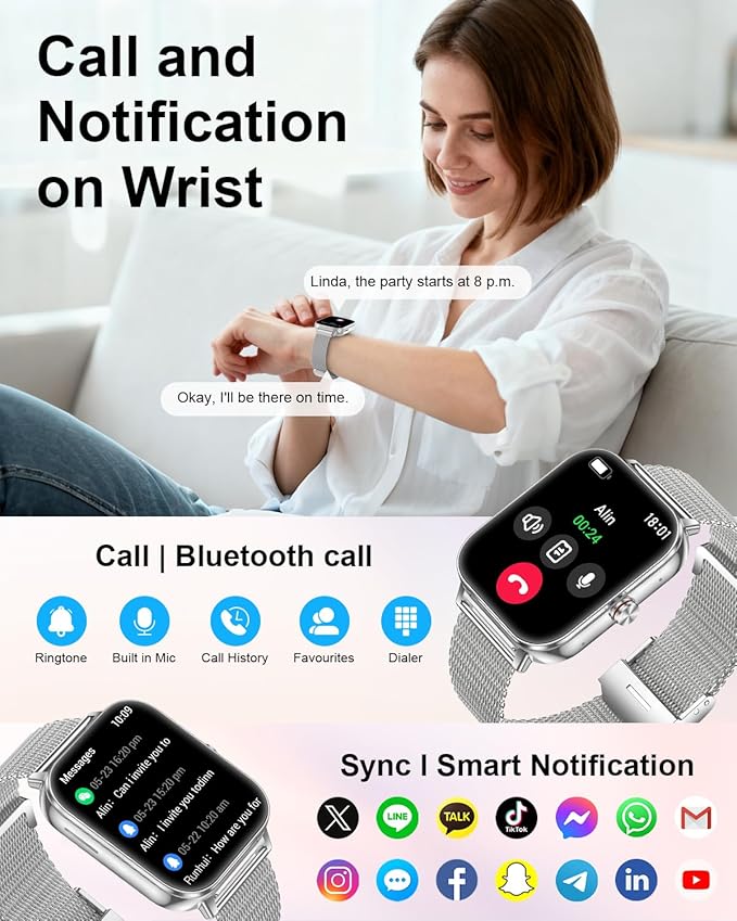 Smart Watches for Women,1.85'' HD Smartwatch with 30 Day+Battery Life Make/Answer Calls,Heart Rate/SpO2/Sleep Monitor, 120+ Sports IP68 Fitness Tracker for Android iOS(1000mAh,4 Bands,Silver)