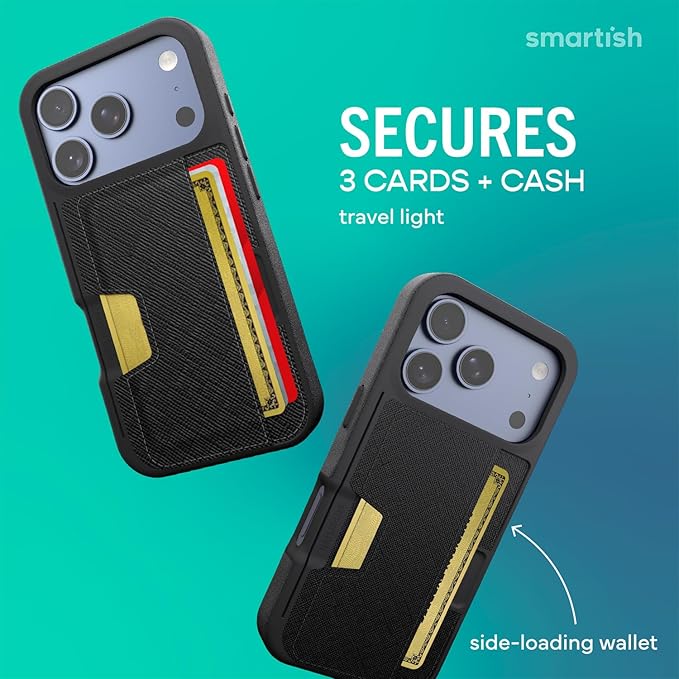 Smartish® iPhone 17 Pro Wallet Case - Wallet Slayer Vol. 2 [Slim + Protective] Credit Card Holder w/Kickstand - Drop Tested Hidden Card Slot Cover for Apple iPhone 17 Pro - Black Tie Affair