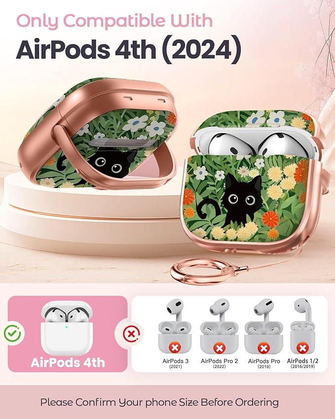 Coralogo for AirPods 4 Case with Safety Lock - Cute Cartoon for Women Girls Fashion Stylish Cat Flower Pattern Design Kawaii Girly Girlish Hard Protective Cover for AirPods 4th Generation 2024