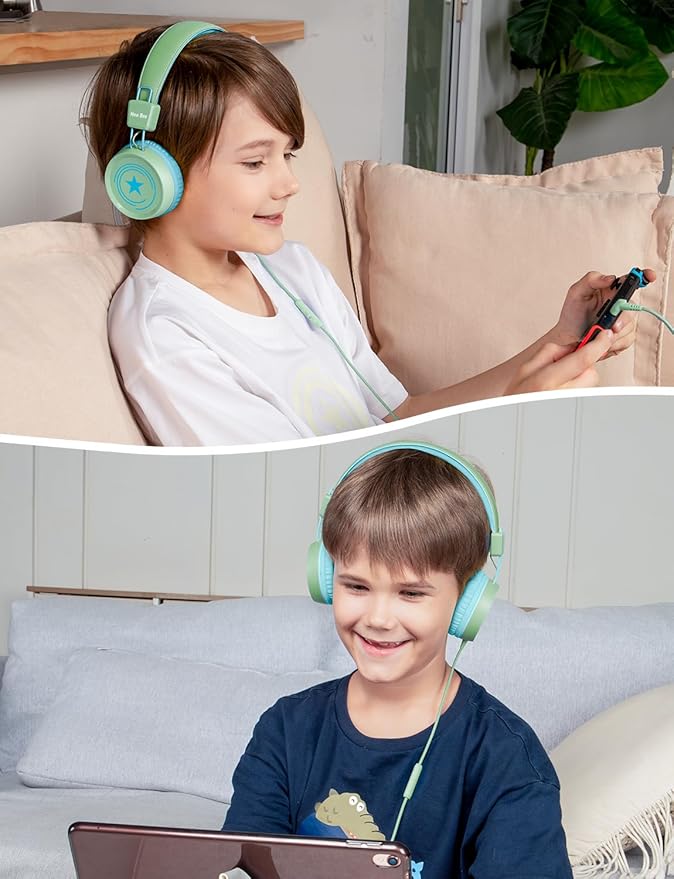 New Bee Kids Headphones for School with Microphone KH20 HD Stereo Safe Volume Limited 85dB/94dB Foldable Lightweight On-Ear Headphone for boy Mac/Android/Kindle/Tablet/Pad