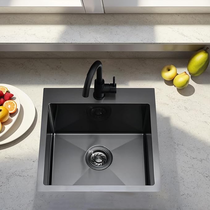 18x18 inch Drop in Bar Sink Black, Topmount Stainless Steel Small Kitchen Sink for Laundry Wet Bar Prep RV Office Outdoor Yard with Dish Grid and Basket Strainer