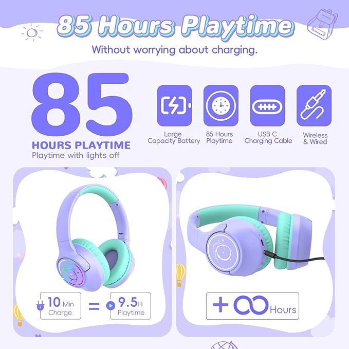 Kids Bluetooth Headphones, 85H Playtime Wireless Headphones for Kids, Colorful LED Lights, 85/94dB Safe Volume Limit, Bluetooth 5.4 Built-in Mic Toddler Headset for Tablet/Airplane (Purple)