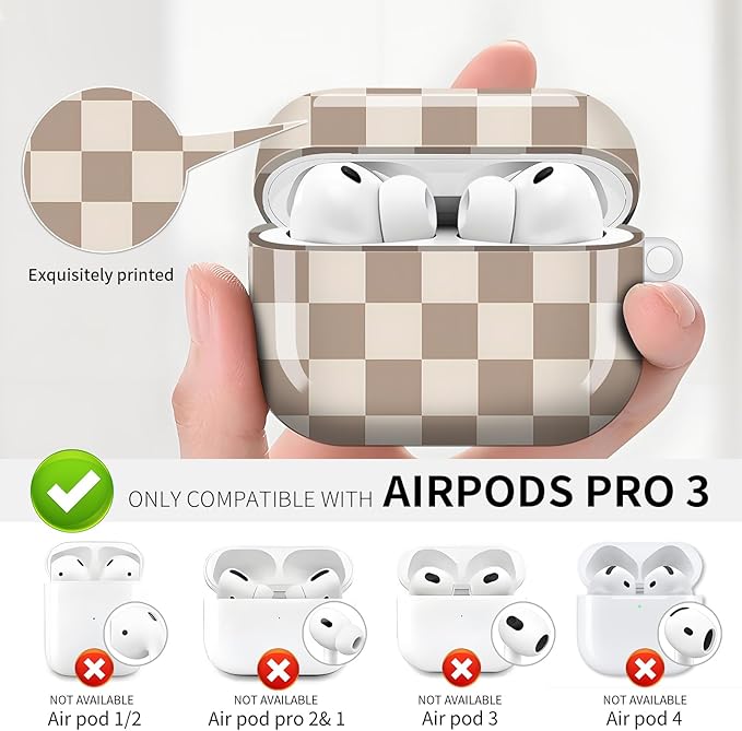 Compatible with AirPod Pro 3 (2025),Cute Case Cover for Women & Men, Full Protection Shockproof Hard Case with Keychain, Wireless Charging Case Accessories(Brown Coffee Checkered)