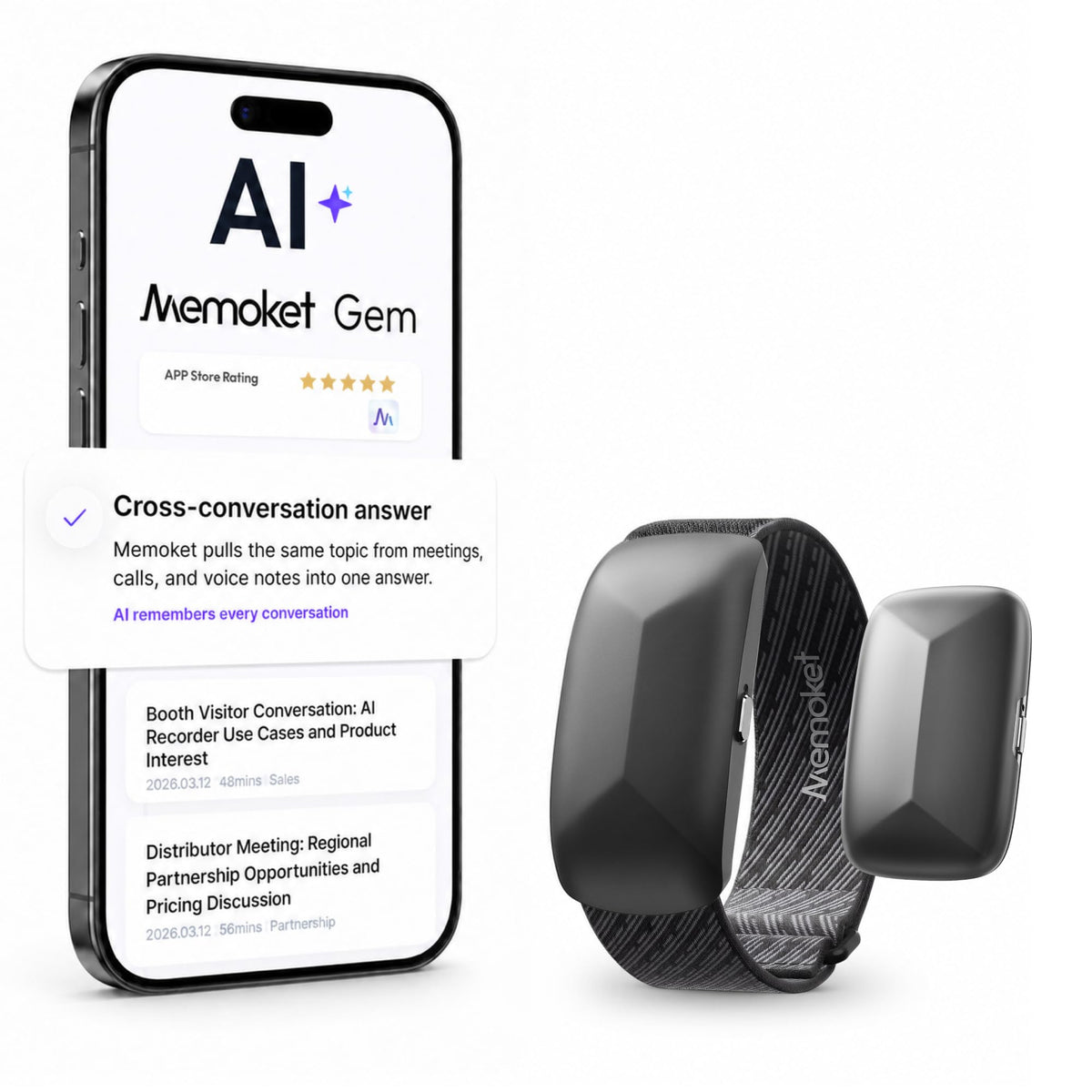 Gem Wearable AI Voice Recorder, Transcribe & Summarize, Wristband