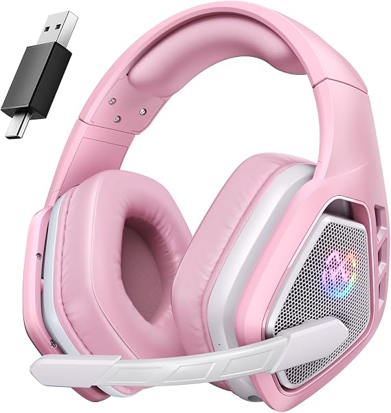 Tatybo Wireless Gaming Headset with Mic, 7.1 Sound 50mm Driver, White Pink