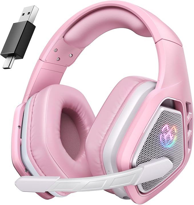 Tatybo Wireless Gaming Headset with Mic, 7.1 Sound 50mm Driver, White Pink