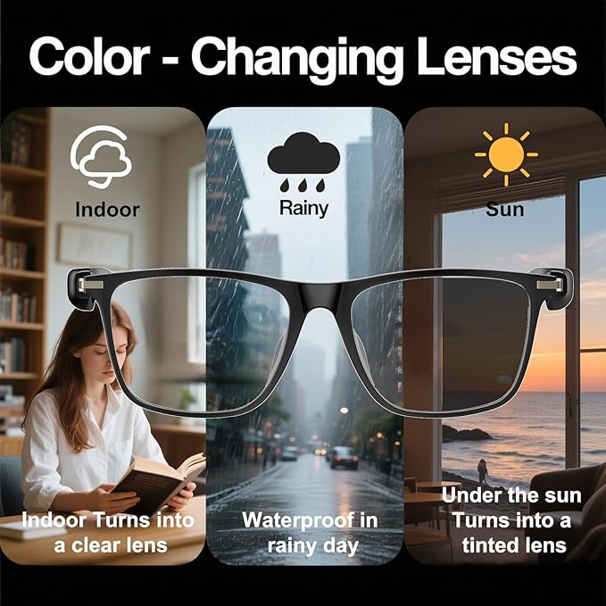 AI Smart Wireless Bluetooth Translation Glasses for Men/Women with Speakers/Bluetooth&140+ Languages Translation Sports/Travel/Drive/Busniess (M1+AI+Color Change Lenses+Black)