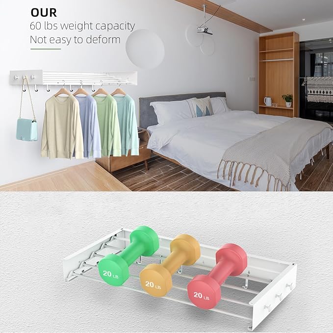 Drying Rack Clothing,Clothes Drying Rack Wall Mounted,Laundry Drying Rack Wall Mount,Foldable,Collapsible,60 lb Capacity 5 Aluminium Poles with 12 Hooks,Space Saving Clothes Drying Rack,White 40"