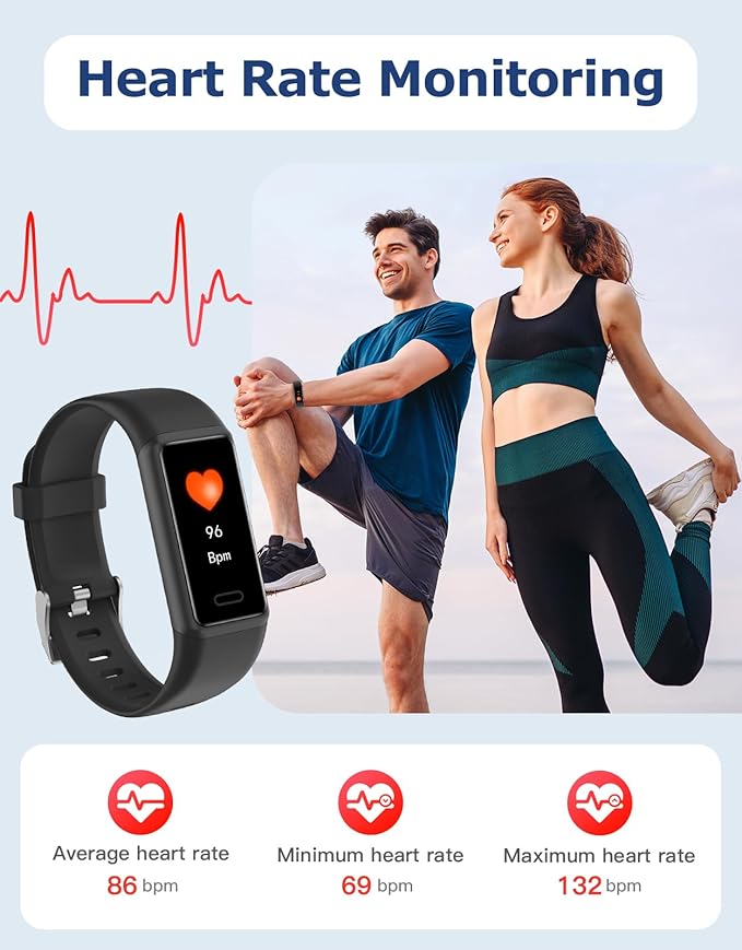 Fitness Tracker, Fitness Watches for Men Women with 24/7 Heart Rate Monitor Sleep Tracker Step/Calorie Counter Stopwatch Pedometer IP68 Waterproof (Black)
