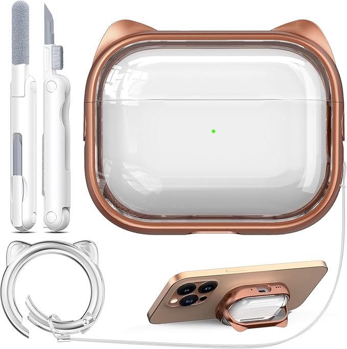 RFUNGUANGO AirPods Pro Case for Women Girly Cat Case with Lock, Phone Stand, Keychain & Cleaner Kit, Compatible with Apple Airpods Pro 2nd/1st Generation Case Cover, Transparent Gold