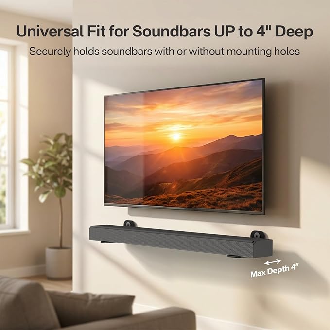 notiela Universal Soundbar Wall Mount Bracket for Soundbars Up to 4" Deep, Heavy Duty Metal Sound Bar Shelf Under TV Holds Up to 20 lbs Easy to Install