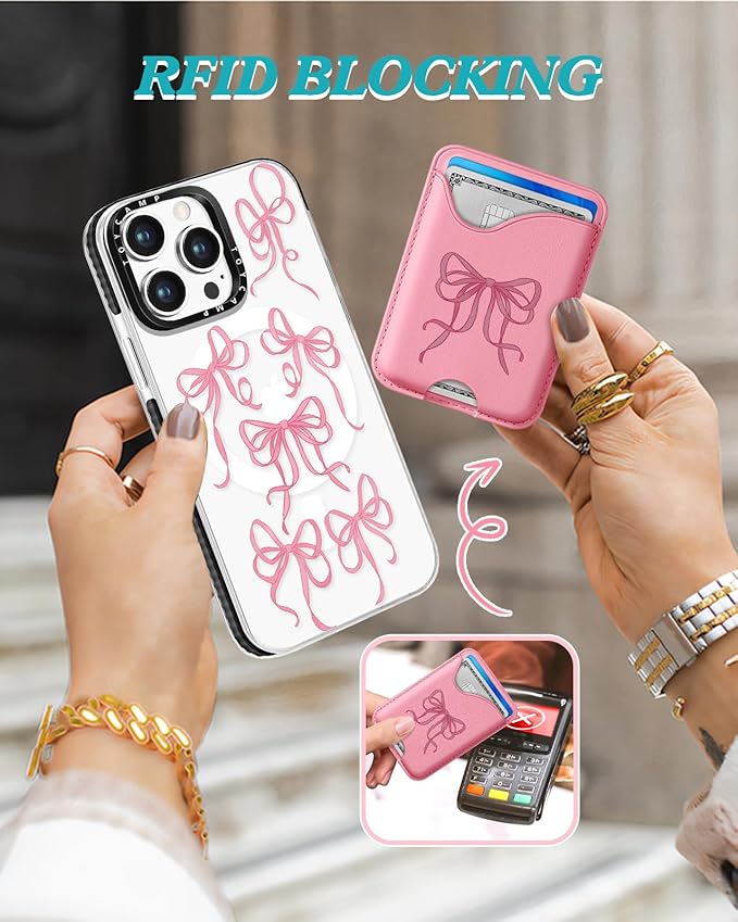 Toycamp for iPhone 15 Pro Max Case - Compatible with Magsafe Credit Card Holder Wallet Magnetic Cute Women Teen Girls Kawaii Girly Unique Bow Design Phone Cover for Apple 15 Promax 6.7"