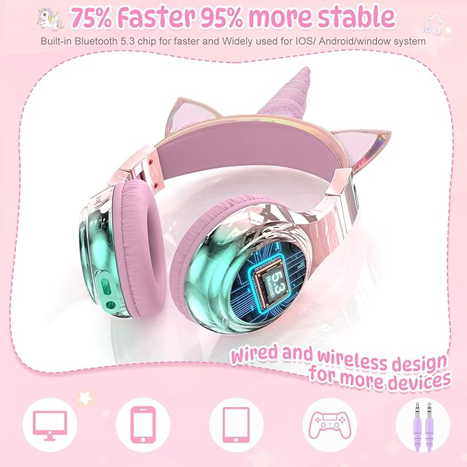 QearFun Kids Unicorn Bluetooth Headphones, 60H Playtime, 74/85/94dB Safe Volume Limit, Metallic Gradient Wireless Headset with Mic, Fast Charging, Foldable, Wired Mode for Girls School/Tablet/Travel