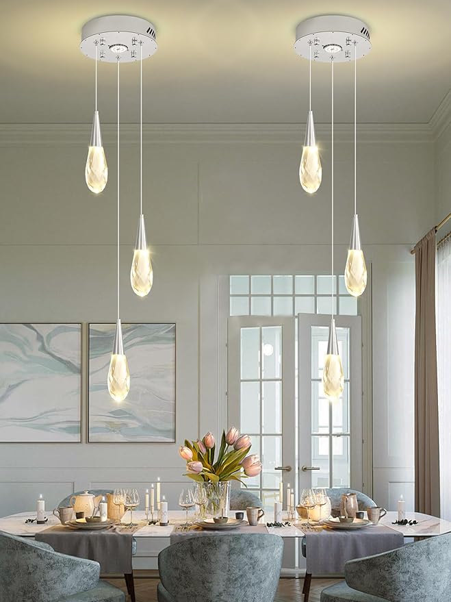 3-Lights Crystal Pendant Light Kitchen Islan Silver Hanging Chandelier Teardrop Crystal Pendant Light Fixture for Dining Room, Living Room,Kitchen lsland, Foyer