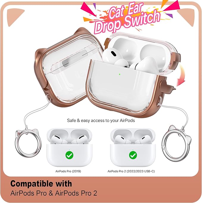 RFUNGUANGO AirPods Pro Case for Women Girly Cat Case with Lock, Phone Stand, Keychain & Cleaner Kit, Compatible with Apple Airpods Pro 2nd/1st Generation Case Cover, Transparent Gold