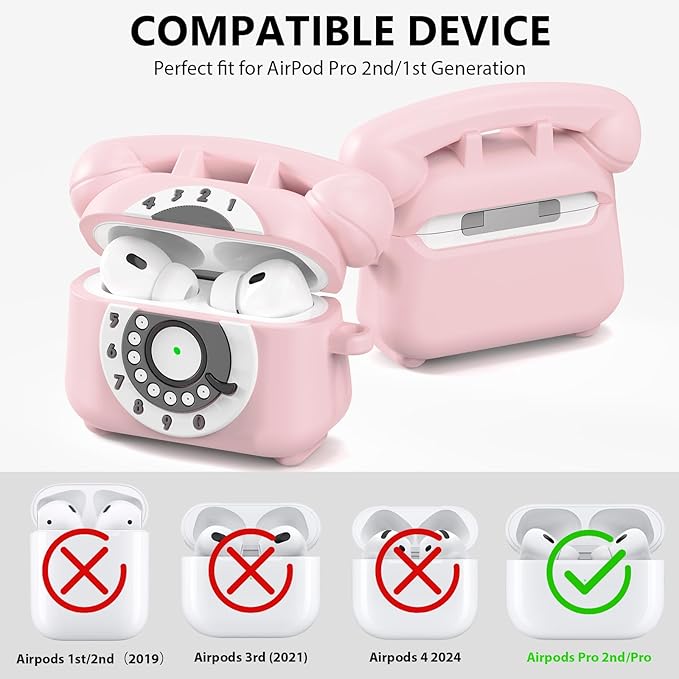 KOREDA for AirPods Pro 2nd/1st Generation Case Cover with Cleaner Kit & Lanyard, Cute Funny Telephone Design Silicone Protective Case for AirPods Pro 2 - Pink