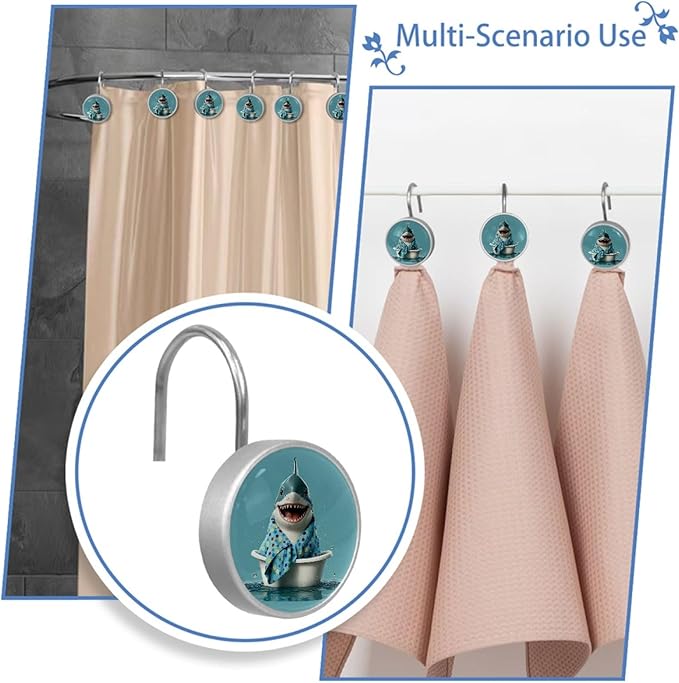 Bathing Cartoon Shark Shower Curtain Hooks Rings, Stainless Steel Rust Proof Shower Curtain Hooks, Decorative Shower Hooks for Bathroom Shower Rods Curtains, Set of 12