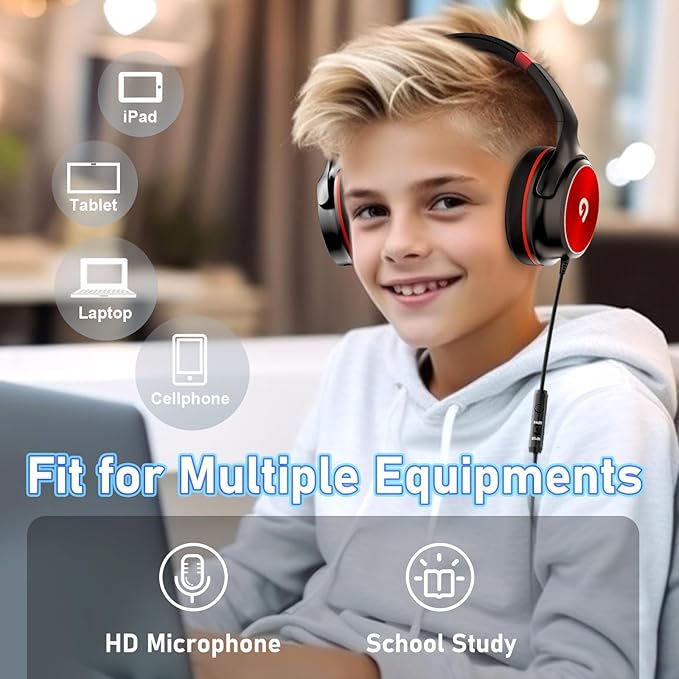 Kids Headphones with Safe 85dB/94dB Volume Limiter for Teen and Boys, Foldable HD Stereo Sound Headset for Kindle Kids/fire Tablet/iPad/Laptop, Headphones with Microphone (Black-red)