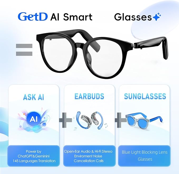 GetD AI Glasses for Men & Women, Smart Glasses Powered by ChatGPT with 74-Language Translation, Bluetooth 5.4 Glasses,Blue Light Filtering,11H Music Play for Driving, Travel, Business Daily Use