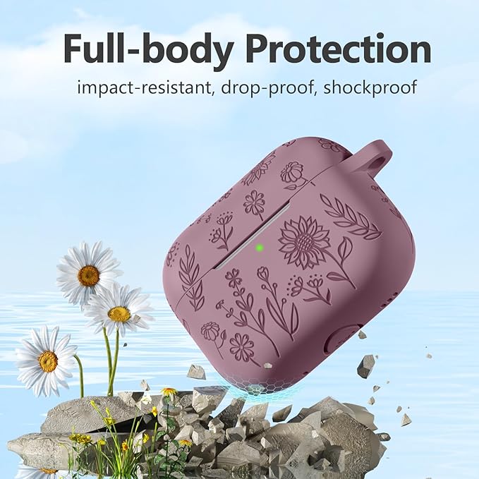 Hamile for AirPods Pro 2nd Generation Case with Cleaner Kit & Keychain, Cute Flower Engraved Soft Silicone Protective AirPods Pro 2 Case Cover for Apple AirPod Pro 2nd/1st Generation Smoky Purple
