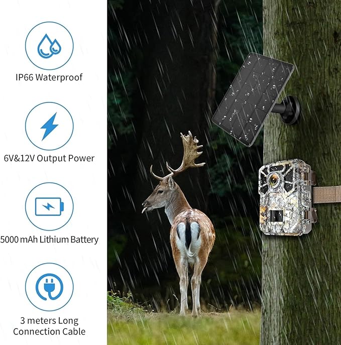 Solar Panel for Trail Camera, Solar Charger Kit with Built-in 5000mAh Rechargeable Lithium Battery - Output: 12V/1A, 6V/1.5A, IP66 Waterproof Portable Outdoor Power Supply Kit