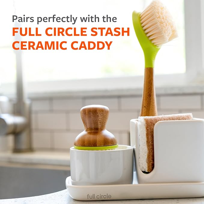 Full Circle Bubble Up- Eco-Friendly Bamboo Dish Brush & Ceramic Soap Dispenser - Natural Scrub Set for Dishes, Cast Iron - Kitchen Cleaning with Handle, White - 2 Pack