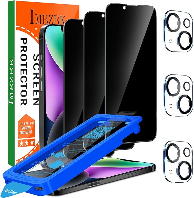 IMBZBK [Auto-Dust Removal] 3 Pack Privacy Screen Protector for iPhone 14 Anti Spy Private Accessories, Case Friendly Film, Military Grade Tempered Glass 3 Camera Lens Protector