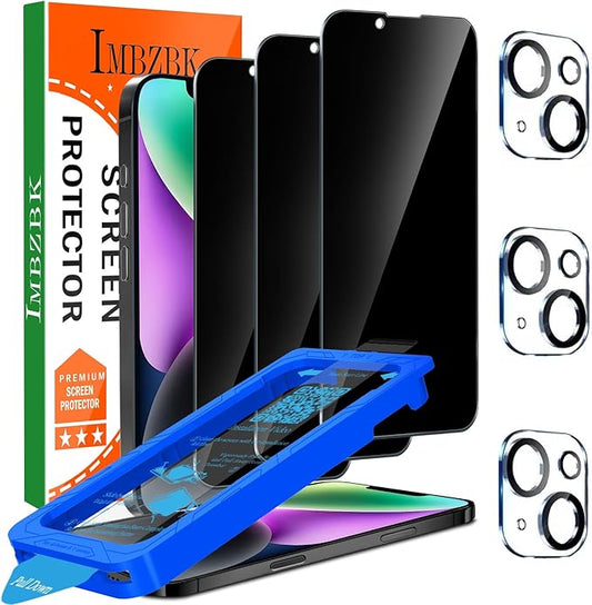 IMBZBK [Auto-Dust Removal] 3 Pack Privacy Screen Protector for iPhone 14 Anti Spy Private Accessories, Case Friendly Film, Military Grade Tempered Glass 3 Camera Lens Protector