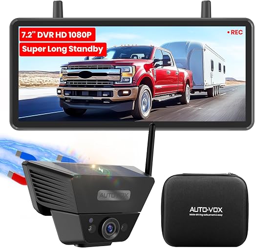 AUTO VOX Wireless Backup Camera Solar Magnetic, 7.2" DVR 1080P Monitor