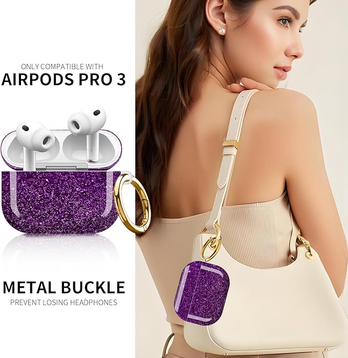 Compatible with AirPod Pro 3rd Generation Case 2025,Fashion Protective Cover with Keychain, Anti-Scratch, Drop Protection,Shockproof Cover for AirPod Pro 3 Women(Shiny Purple)