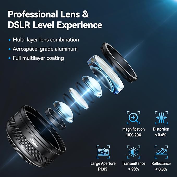 APEXEL 10-20X Macro Lens for iPhone & Android Phones | HD Photography Lens Kit with Universal Clip & 45-Mode Fill Light | Capture Still Life Close-Ups, Insects, Plants, Jewelry, Food & Small Objects